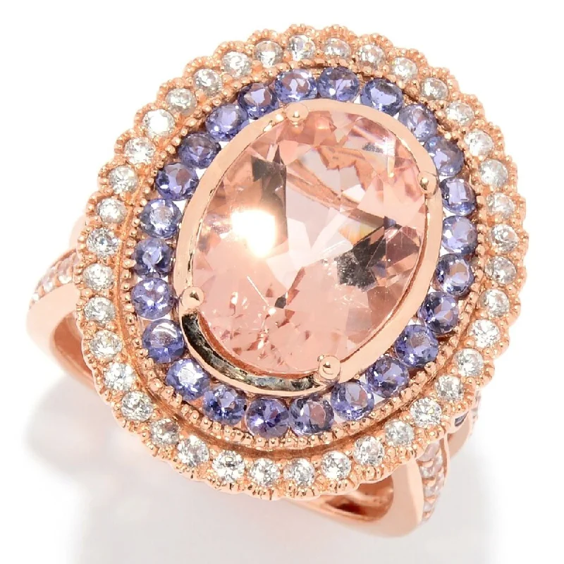 Opal Gemstone Rings with a Rainbow - Hued Play of Color14K Rose Gold Oval Morganite & Iolite Double Halo Ring