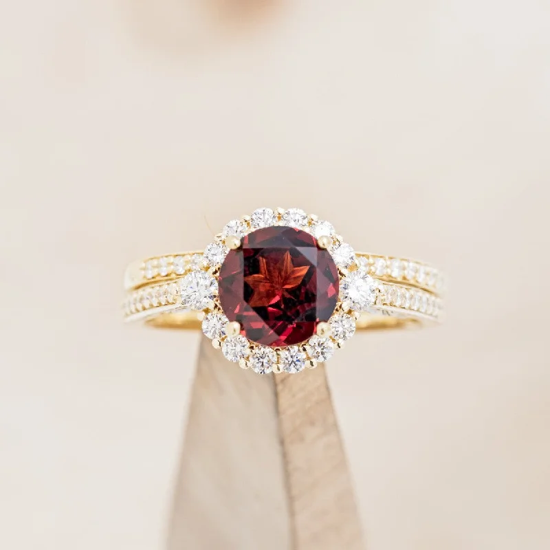 "OPHELIA" - ROUND CUT GARNET ENGAGEMENT RING WITH DIAMOND HALO, ACCENTS & DIAMOND TRACER