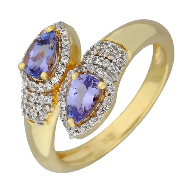 Peridot Gemstone Rings with a Floral - Motif BandSterling Silver Over Gold Plated Tanzanite Bypass Ring