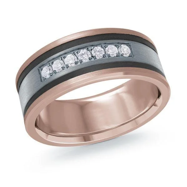 Titanium Wedding Bands with Inlaid Mother - of - Pearl StripesTantalum, Rose Gold Diamond Mens Band.