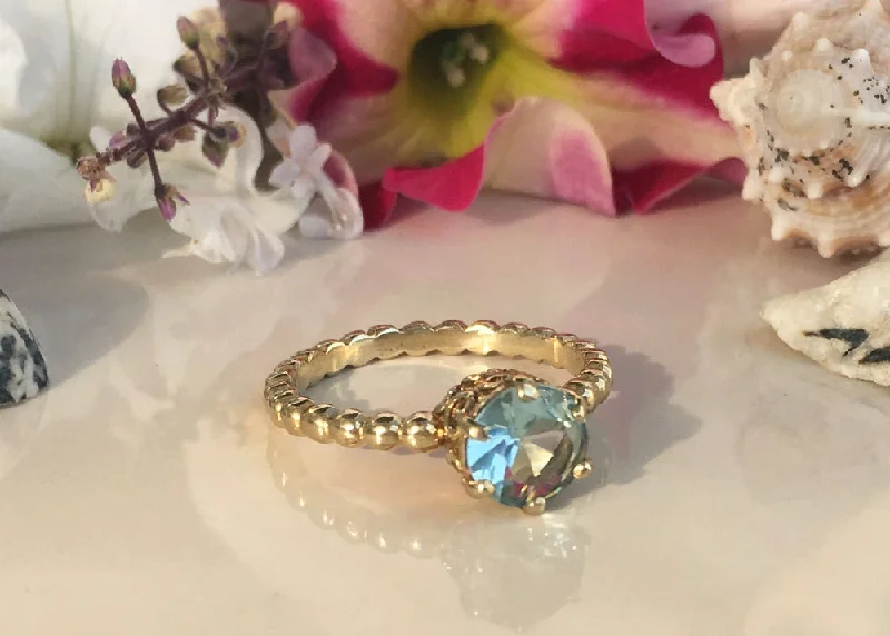 Jade Gemstone Rings with Intricate CarvingsAquamarine Ring - Marth Birthstone - Vintage Beaded Band Ring with Round Aquamarine Gemstone