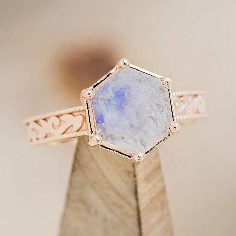 "HEY THERE DELILAH" - HEXAGON MOONSTONE ENGAGEMENT RING WITH FLORAL ENGRAVED BAND