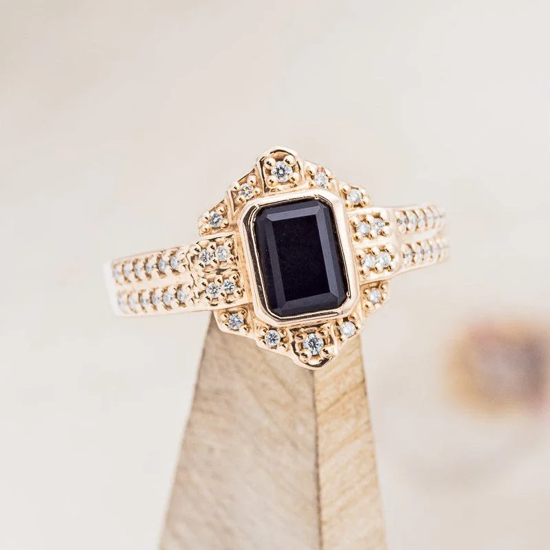 "ELENOR" - EMERALD CUT BLACK ONYX ENGAGEMENT RING WITH DIAMOND ACCENTS