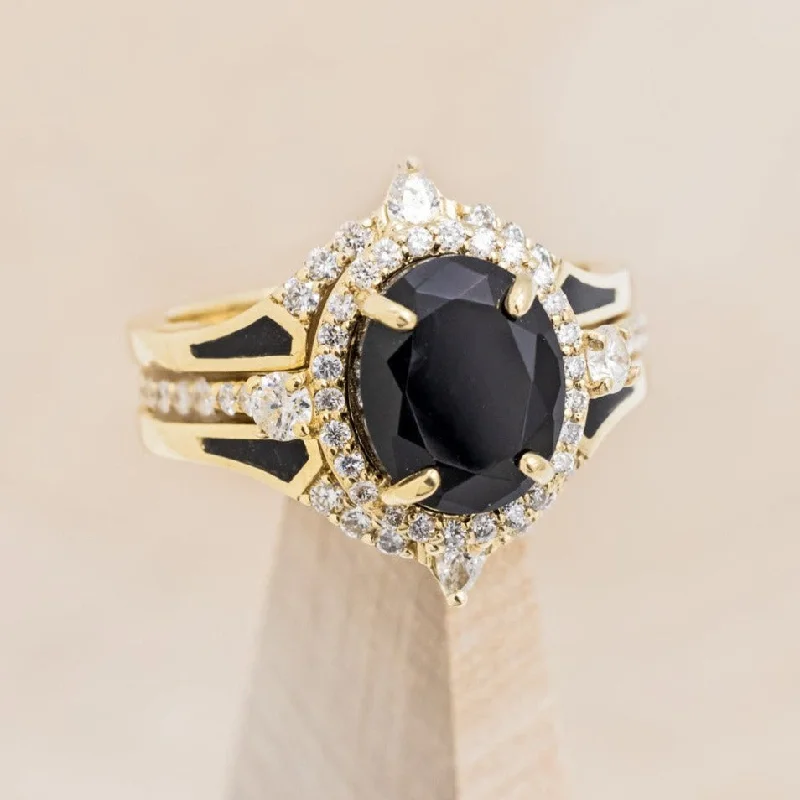 "KB" - BRIDAL SUITE - OVAL ONYX ENGAGEMENT RING WITH DIAMOND ACCENTS & TRACERS