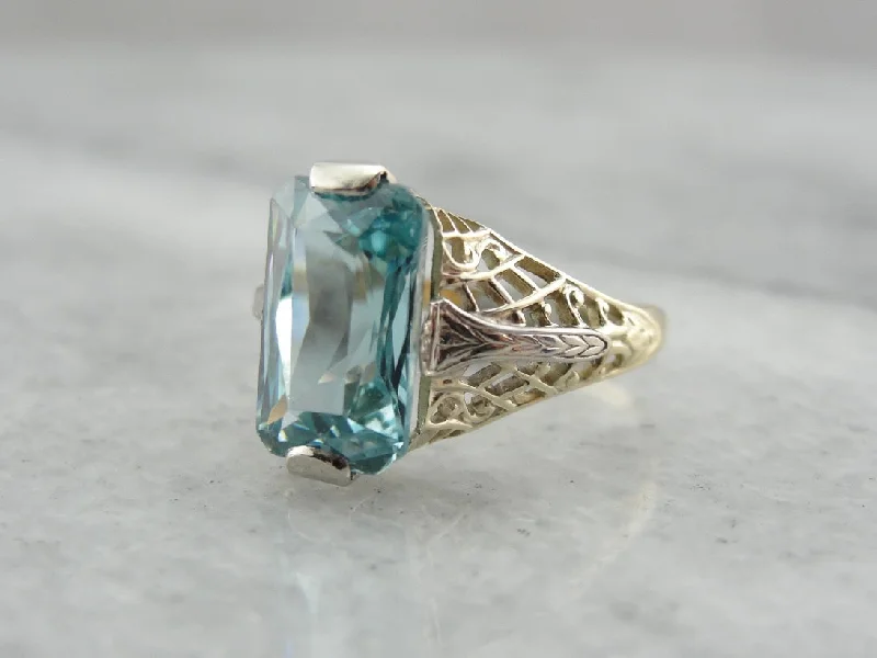 Malachite Gemstone Rings with a Marble - like PatternBlue Zircon Cocktail Ring in Two Tone Gold Filigree Setting