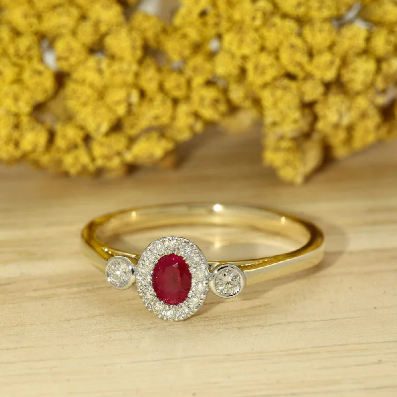 Emerald Gemstone Rings with Diamond - Encrusted Halos9ct Yellow Gold Ruby & Diamond Halo Trilogy Ring