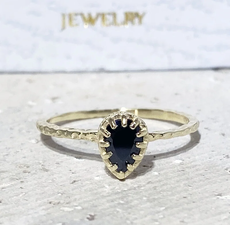 Ruby Gemstone Rings with Intricate Gold Filigree SettingsBlack Onyx Ring - December Birthstone - Delicate Hammered Ring with Pear-Shaped Black Onyx Gemstone