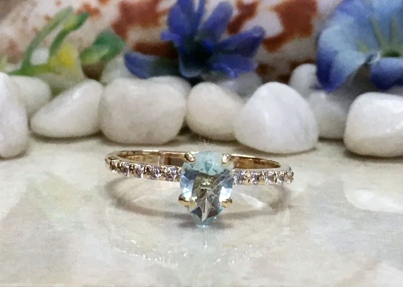 Morganite Gemstone Rings with Rose Gold AccentsAquamarine Ring - March Birthstone - Pear Shape Aquamarine Ring with Clear Quartz Accents