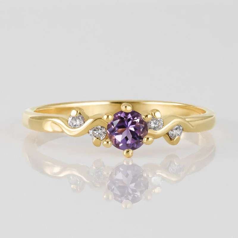 Moonstone Gemstone Rings with a Mysterious SheenPurple Amethyst Ring - February Birthstone - Delicate Ring with Round Amethyst Center Stone and Clear Quartz Accents