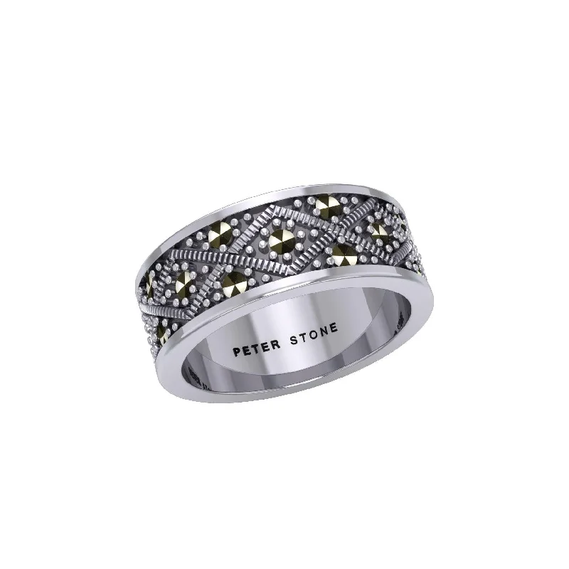 Mens Wedding Bands with Carbon Fiber InlaysWeave Design Silver Ring with Gemstones TRI1956