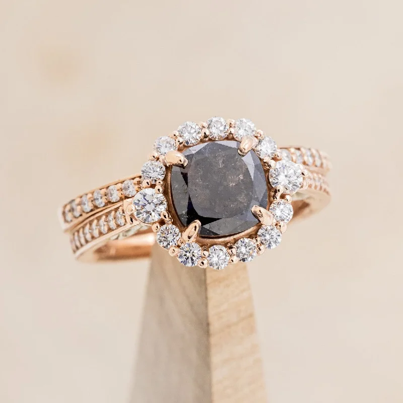 "OPHELIA" - CUSHION CUT SALT & PEPPER DIAMOND ENGAGEMENT RING WITH "STELLA" STACKING BAND