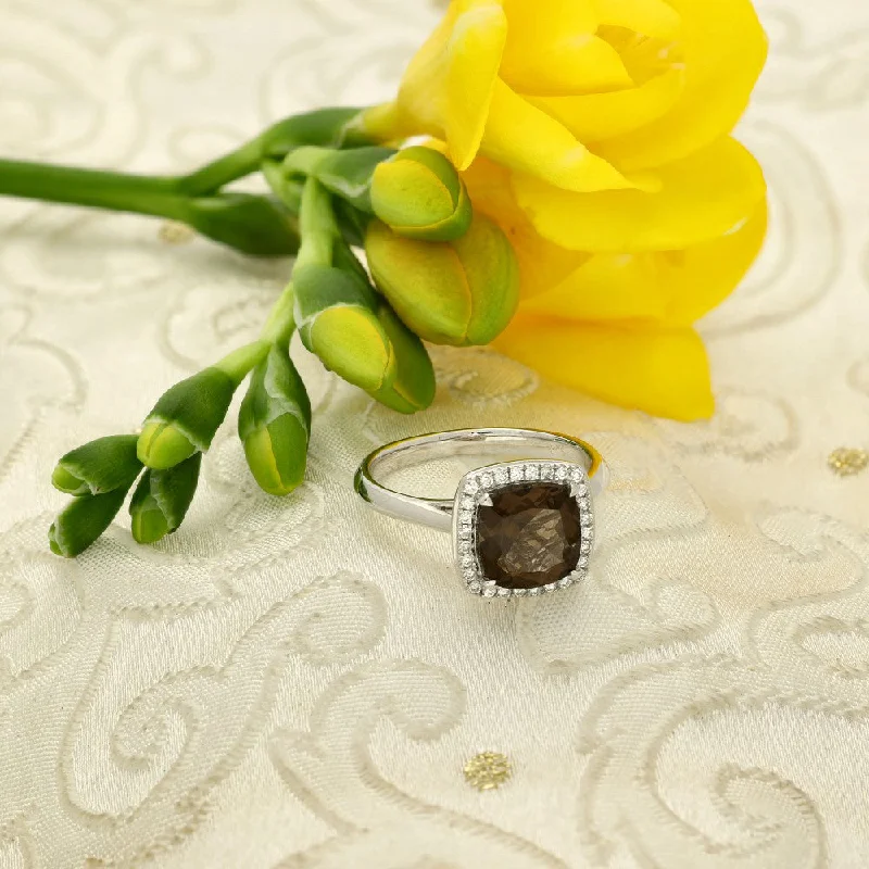 Jade Gemstone Rings with Intricate Carvings9ct White Gold Smoky Quartz & Diamond Halo Ring