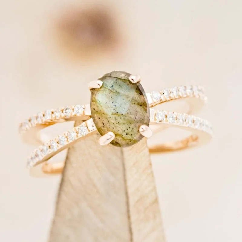 "ANASTASIA" - OVAL ROSECUT LABRADORITE ENGAGEMENT RING WITH DIAMOND ACCENTS