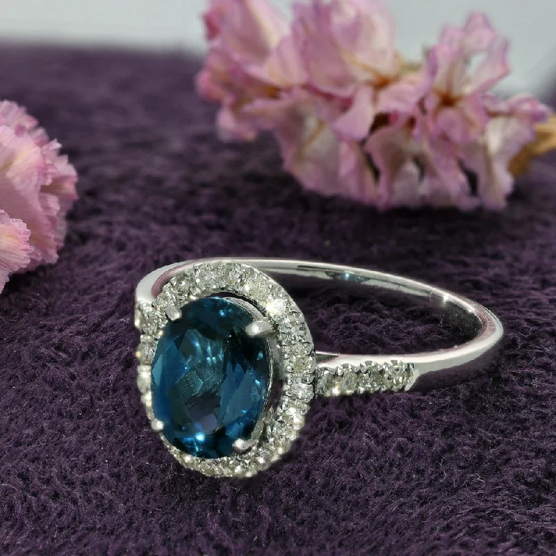 Tanzanite Gemstone Rings with Platinum Milgrain Detailing9ct White Gold Oval Blue Topaz & Diamond Halo Ring