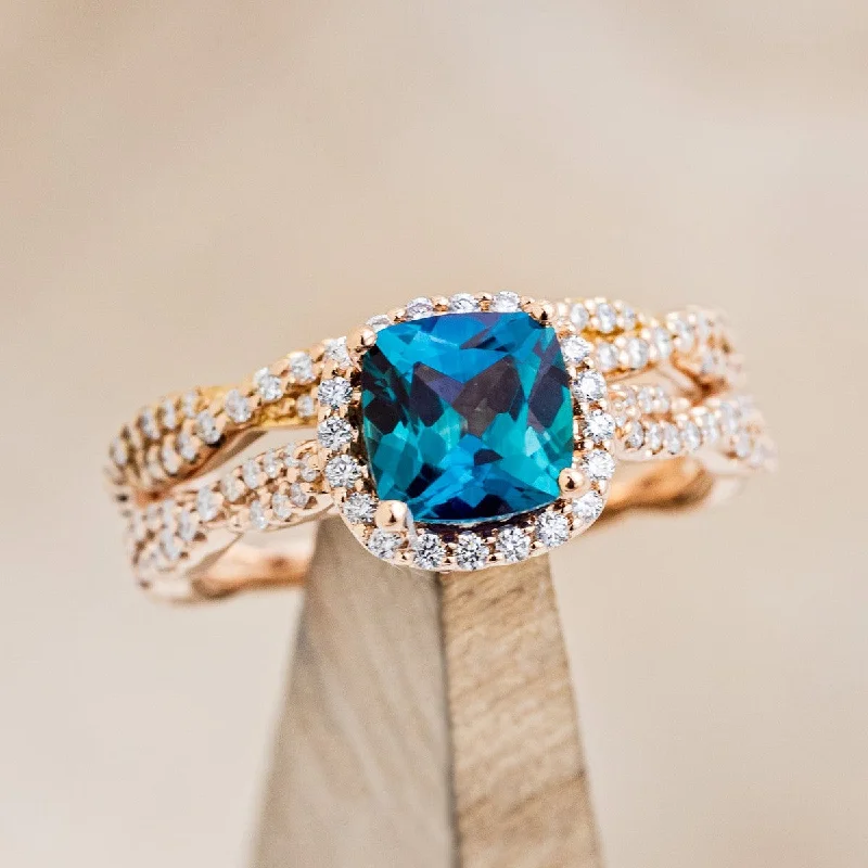 "KINLEY" - CUSHION CUT LAB-GROWN ALEXANDRITE ENGAGEMENT RING WITH DIAMOND HALO, ACCENTS & TRACER