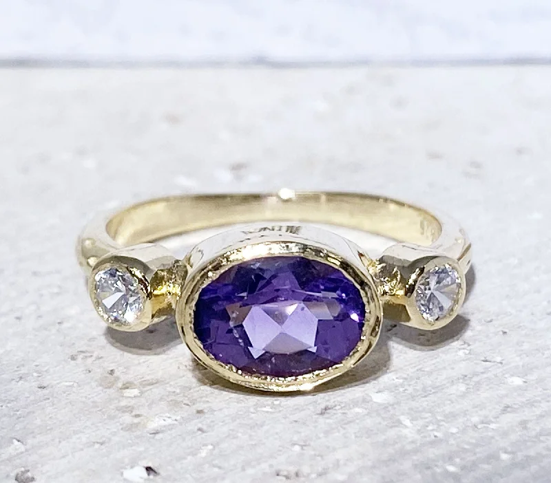 Garnet Gemstone Rings with a Vintage - Style Bezel SettingAmethyst Ring - February Birthstone - Oval Amethyst Ring with Clear Quartz Accents