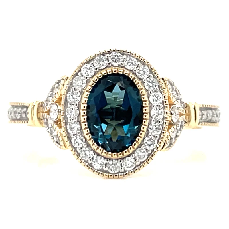 Moonstone Gemstone Rings with a Mysterious Sheen9ct Yellow Gold Earth Grown 1.23ct London Blue Topaz And Diamond Halo Ring