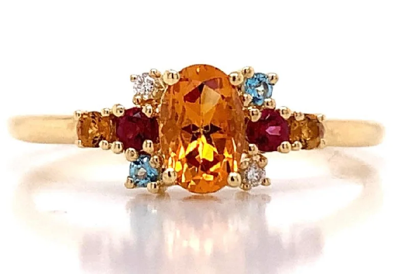 Peridot Gemstone Rings with a Floral - Motif Band18ct Yellow Gold Earth Grown Citrine, Diamond, Blue Topaz And Red Topaz Ring