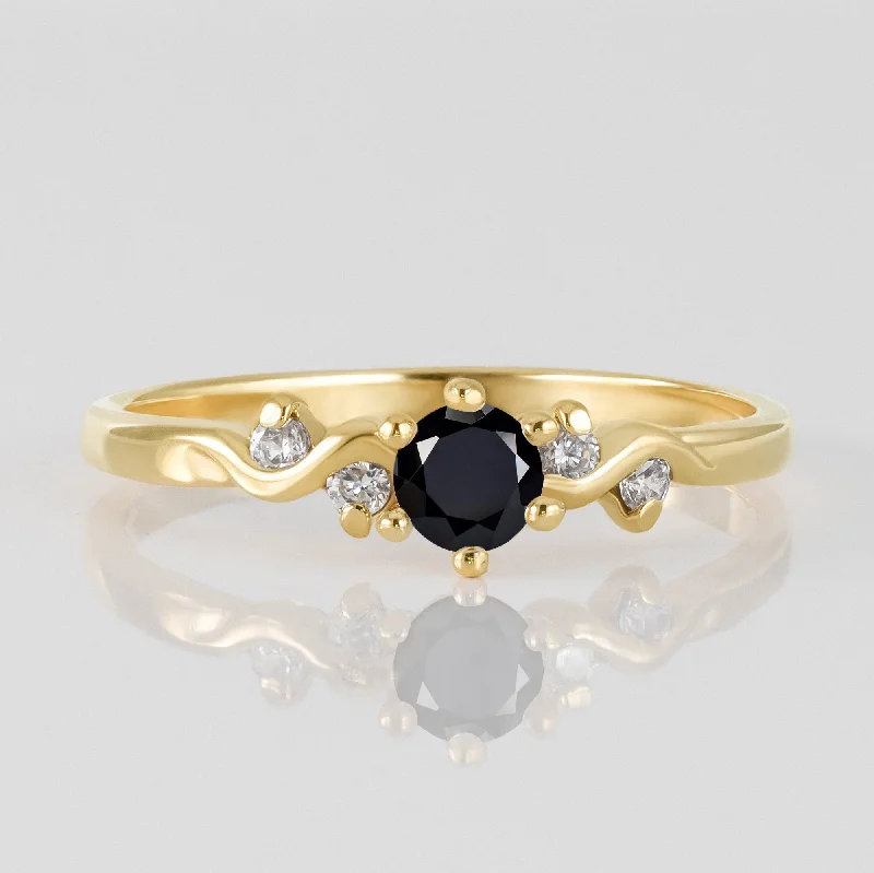 Peridot Gemstone Rings with a Floral - Motif BandBlack Onyx Ring - December Birthstone - Round Black Onyx Gemstone Delicate Ring with Clear Quartz Accents