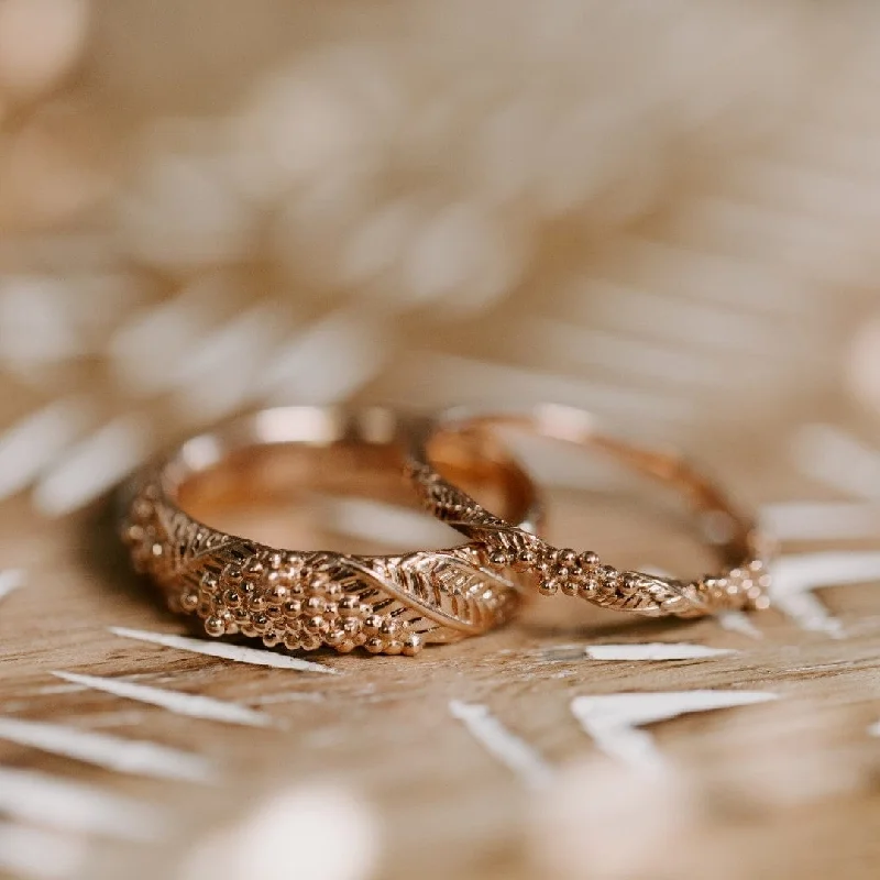 Laser - Cut Wedding Bands with Intricate Geometric PatternsWattle Leaf Wedding Ring Set