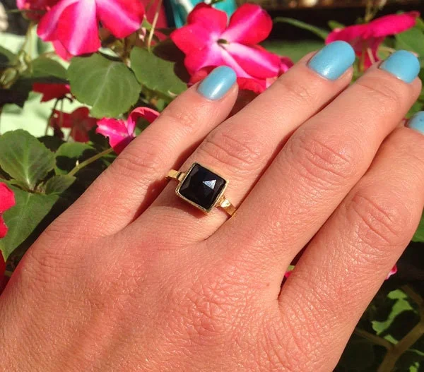 Opal Gemstone Rings with a Rainbow - Hued Play of ColorBlack Onyx Ring - December Birthstone - Simple Ring with Square Black Onyx Stone