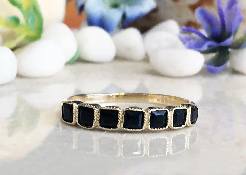 Garnet Gemstone Rings with a Vintage - Style Bezel SettingBlack Onyx Ring - December Birthstone - Stacking Ring with Seven Square Black Onyx Gemstones