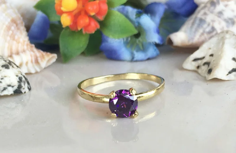 Morganite Gemstone Rings with Rose Gold AccentsAmethyst Ring - February Birthstone - Solitaire Ring with Round Purple Amethyst Gemstone