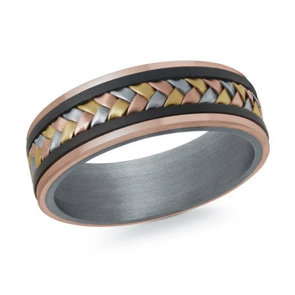 Rose Gold Wedding Bands with Floral - Engraved SidesTantalum, Tri-Gold Braided Mens Band.