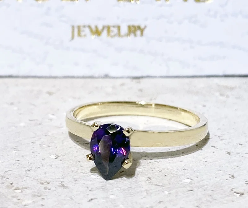 Ruby Gemstone Rings with Intricate Gold Filigree SettingsAmethyst Ring - February Birthstone - Solitaire Ring with Pear-Shaped Amethyst Gemstone