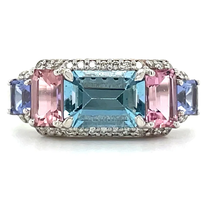 Topaz Gemstone Rings with a Faceted Cut and Shimmering Effect18ct White Gold Earth Grown Aquamarine, Pink Tourmaline, Tanzanite & Diamond Ring