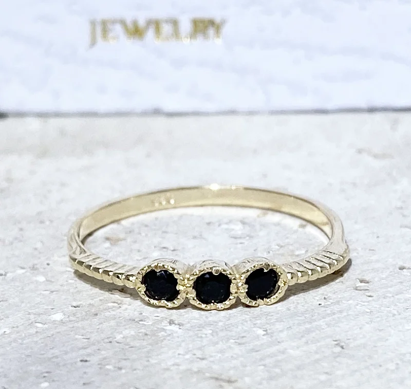 Tourmaline Gemstone Rings in a Multicolor ArrayBlack Onyx Ring - December Birthstone - Tiny Stacking Ring with Three Round Black Onyx Gemstones