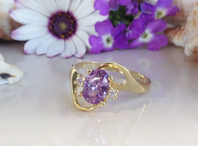 Garnet Gemstone Rings with a Vintage - Style Bezel SettingAmethyst Ring - February Birthstone - Oval Amethyst Ring with Clear Quartz Accents