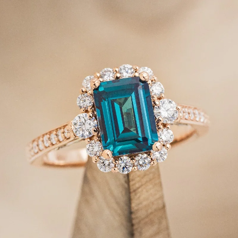 "OPHELIA" - EMERALD CUT LAB-GROWN ALEXANDRITE ENGAGEMENT RING WITH DIAMOND HALO & ACCENTS