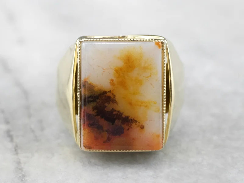 Agate Gemstone Rings with a Banded and Textured DesignMen's Yellow Gold Agate Statement Ring