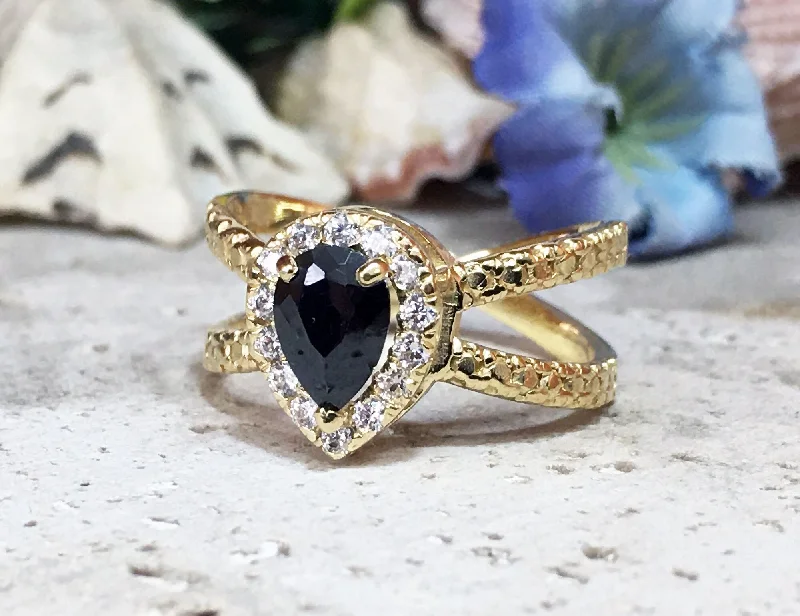 Tourmaline Gemstone Rings in a Multicolor ArrayBlack Onyx Ring - December Birthstone - Engagement Ring with Pear Shape Black Onyx Center Stone and Clear Quartz Halo