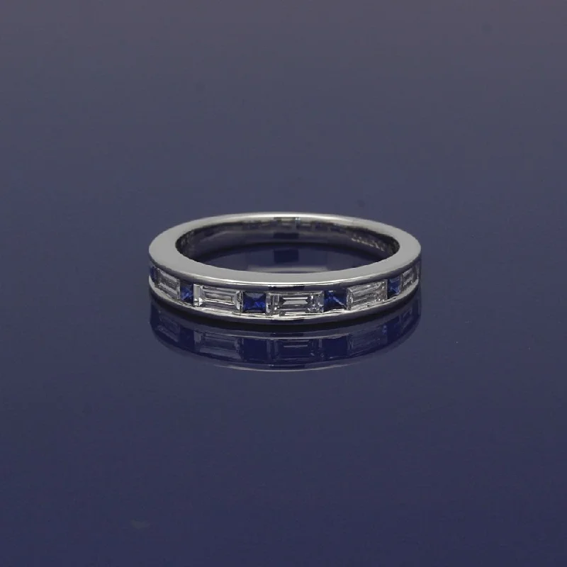 Tanzanite Gemstone Rings with Platinum Milgrain Detailing18ct White Gold Sapphire & Baguette Cut Diamond Half Eternity Ring