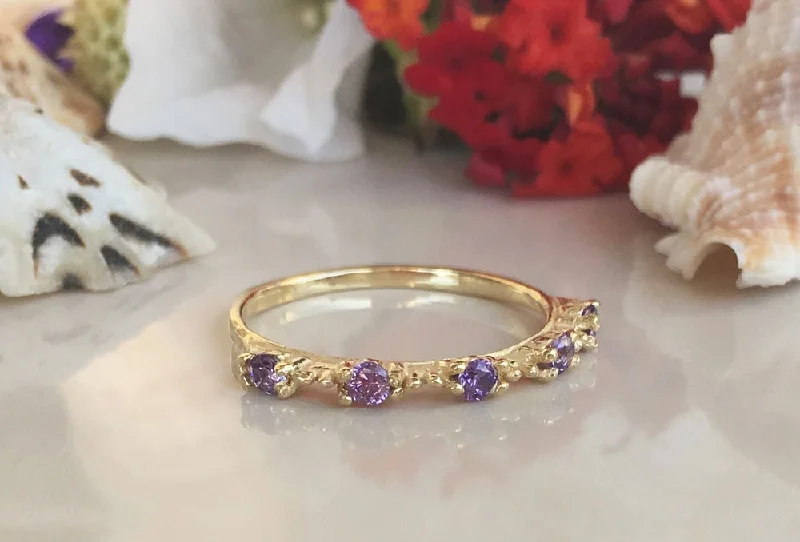 Citrine Gemstone Rings in a Modern Minimalist StyleAmethyst Ring - February Birthstone - Stacking Ring with Five Round Purple Amethyst Stones