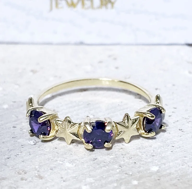 Tourmaline Gemstone Rings in a Multicolor ArrayAmethyst Ring - February Birthstone - Delicate Ring with Three Amethyst Gemstones and Star Accents