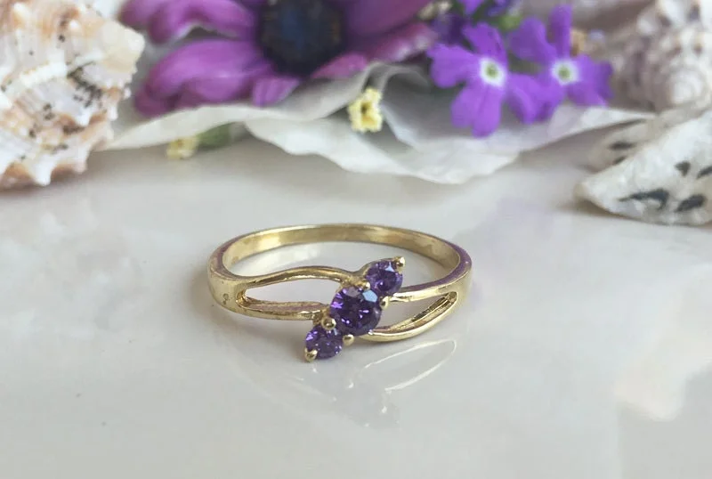 Opal Gemstone Rings with a Rainbow - Hued Play of ColorAmethyst Ring - February Birthstone - Lovely Ring with Three Round Purple Amethyst Stones