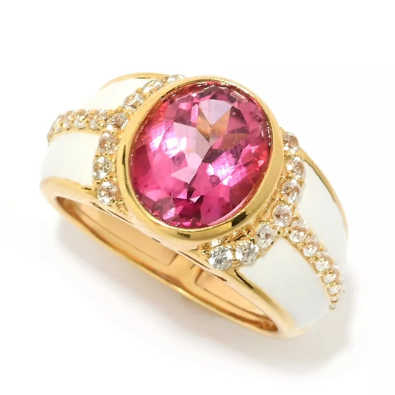 Sapphire Gemstone Rings in a Victorian - Inspired Design925 Sterling Silver Over Gold Plated Pink Topaz, White Topaz With White Enamel Band Ring