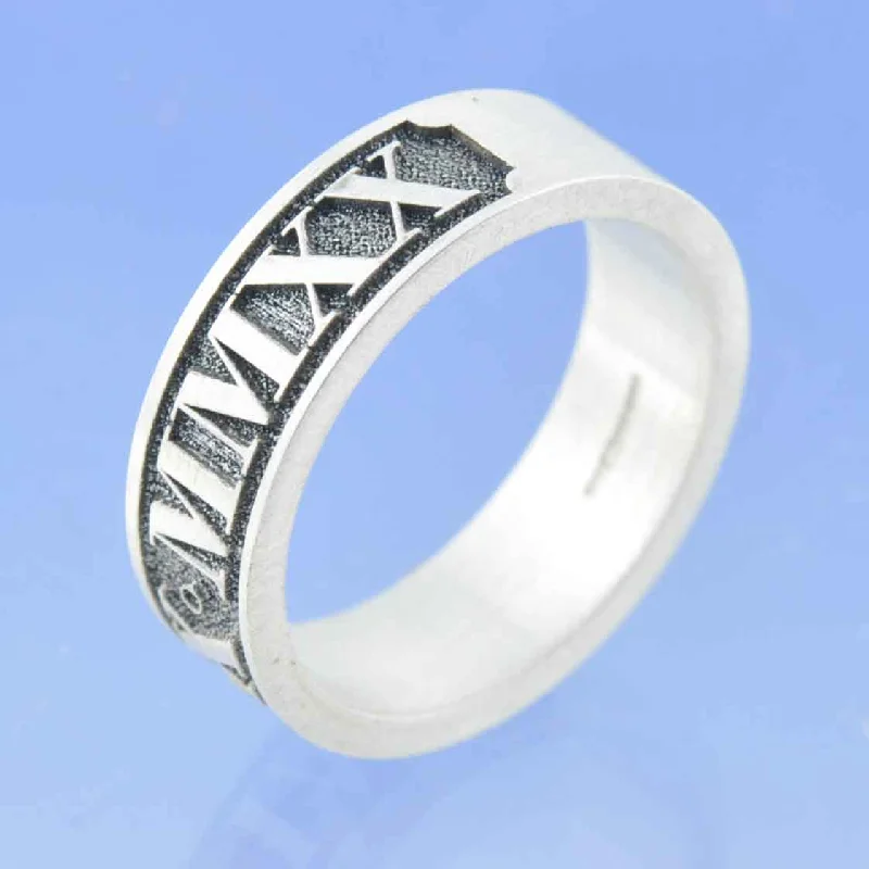 Wedding Bands with Hidden Diamond Halo Under the SettingRoman Numeral Embossed