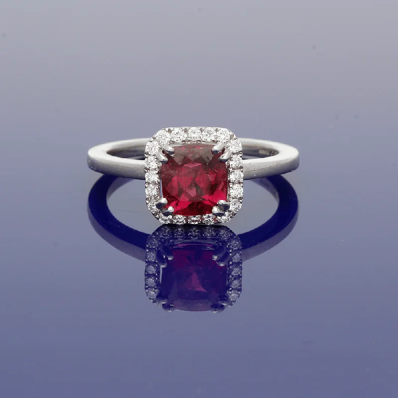 Topaz Gemstone Rings with a Faceted Cut and Shimmering Effect18ct White Gold Tourmaline Rubellite & Diamond Halo Ring