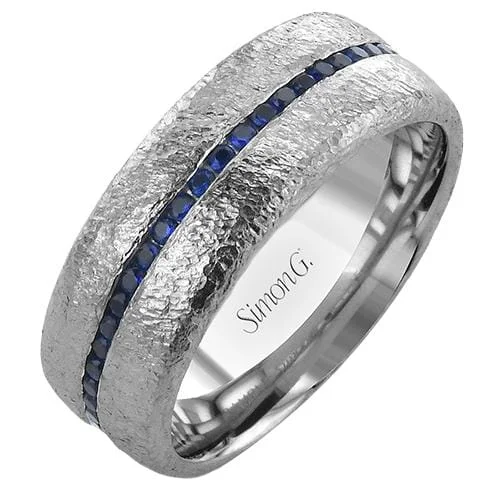 Wedding Bands with Symbolic Infinity Sign CarvingsWhite Gold Blue Sapphire Mens Band.