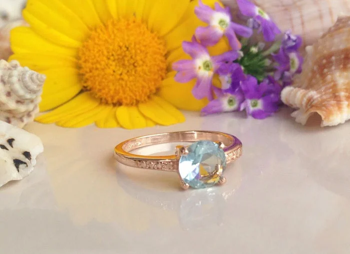 Morganite Gemstone Rings with Rose Gold AccentsAquamarine Ring - March Birthstone - Simple Prong-Set Ring with Round Aquamarine Gemstone