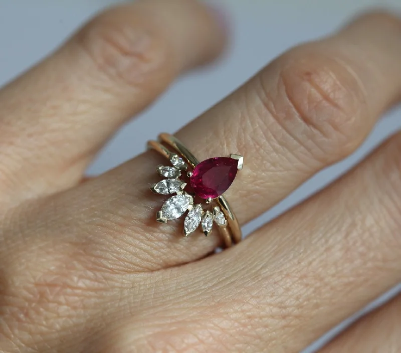 Laser - Cut Wedding Bands with Intricate Geometric PatternsKorina Natural Pear Ruby Engagement Set With Diamond Crown