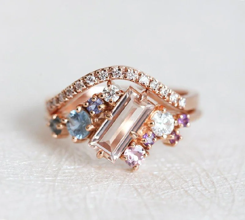 Rose Gold Wedding Bands with Floral - Engraved SidesLila Morganite Cluster Ring Set