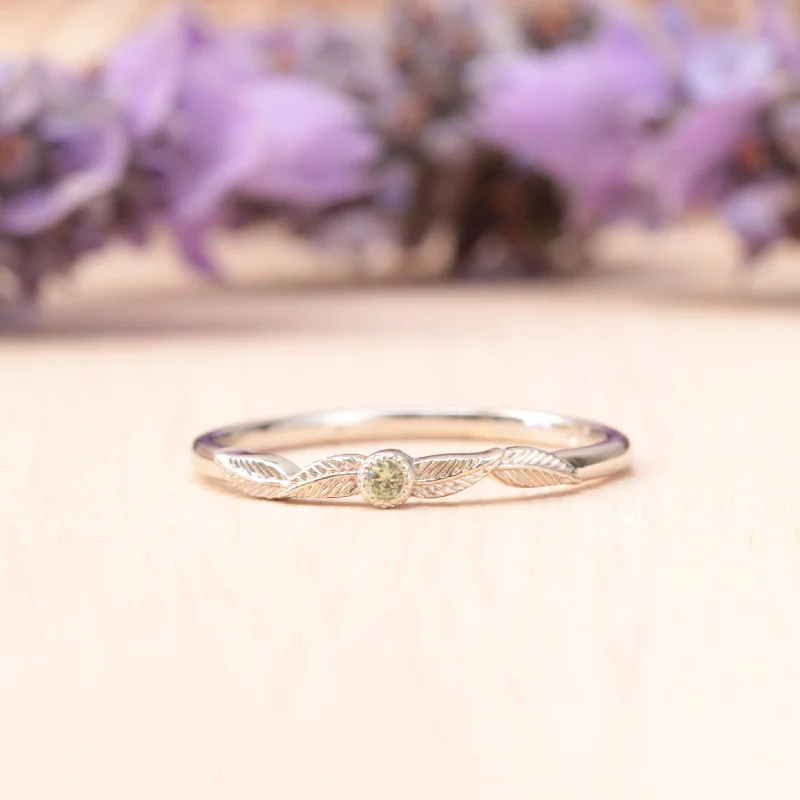 Vintage - Inspired Wedding Bands with Filigree ScrollworkPeridot Birthstone Leaf Ring