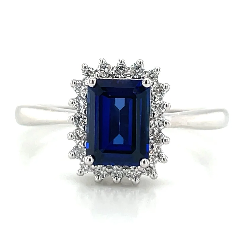 Lapis Lazuli Gemstone Rings with Gold - Leaf Inclusions14ct White Gold Laboratory Grown Emerald Cut 1.10ct Sapphire and 0.15ct Diamond Halo Ring