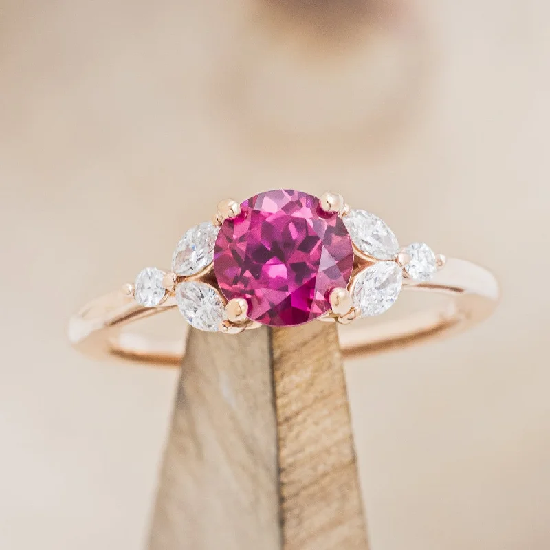 "BLOSSOM" - ROUND CUT LAB-GROWN RUBY ENGAGEMENT RING WITH LEAFCUT DIAMOND ACCENTS