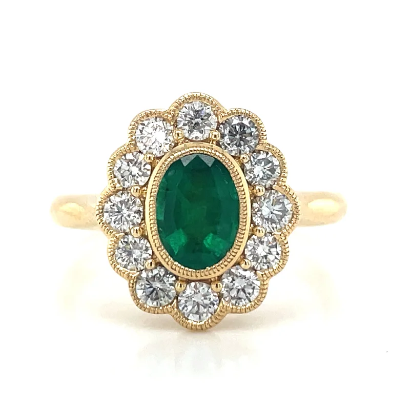 Emerald Gemstone Rings with Diamond - Encrusted Halos18ct Yellow Gold 0.76ct Oval Emerald and Diamond Ring